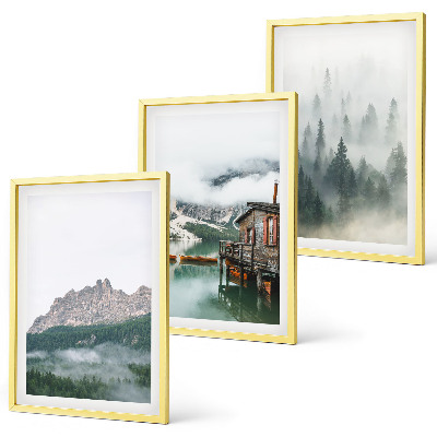 Set of 3 framed wall art pieces Mountains, lake, cottage, fog