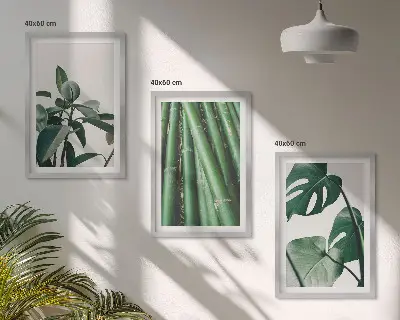 Bamboo stems and monstera leaves wall art set of 3 framed pieces