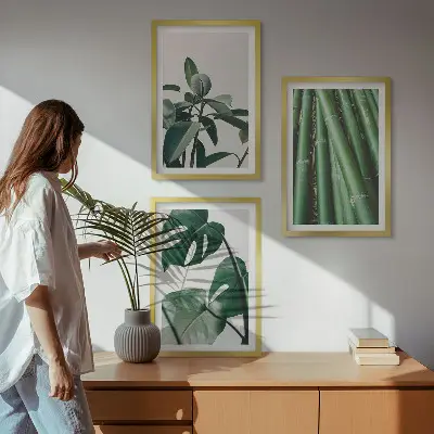Bamboo stems and monstera leaves wall art set of 3 framed pieces