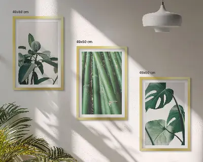 Bamboo stems and monstera leaves wall art set of 3 framed pieces