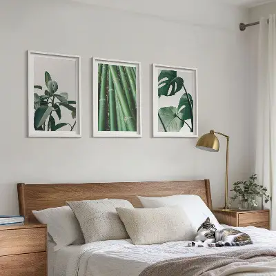 Bamboo stems and monstera leaves wall art set of 3 framed pieces