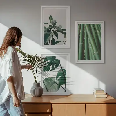Bamboo stems and monstera leaves wall art set of 3 framed pieces