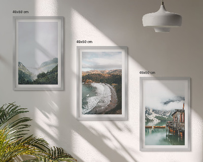 Set of 3 framed wall art pieces Mountains, beach, clouds, water