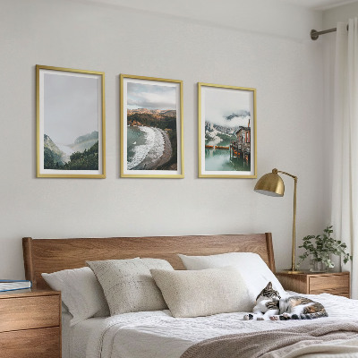 Set of 3 framed wall art pieces Mountains, beach, clouds, water
