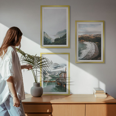 Set of 3 framed wall art pieces Mountains, beach, clouds, water
