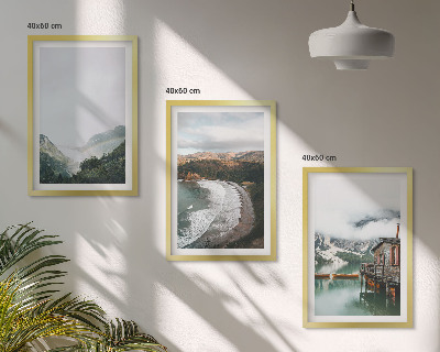 Set of 3 framed wall art pieces Mountains, beach, clouds, water