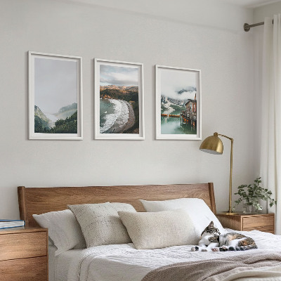 Set of 3 framed wall art pieces Mountains, beach, clouds, water