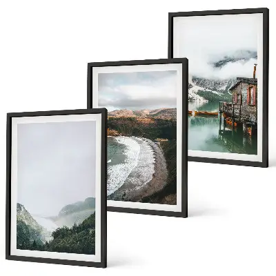 Set of 3 framed wall art pieces featuring mountains, beach, clouds, and water