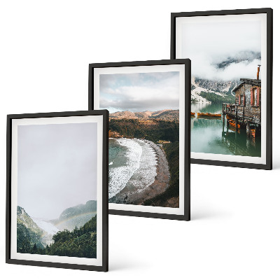 Set of 3 framed wall art pieces Mountains, beach, clouds, water