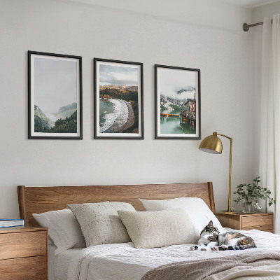 Set of 3 framed wall art pieces Mountains, beach, clouds, water