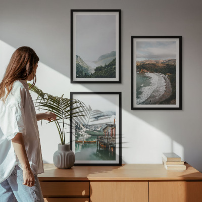 Set of 3 framed wall art pieces Mountains, beach, clouds, water