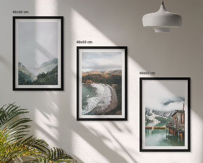 Set of 3 framed wall art pieces Mountains, beach, clouds, water