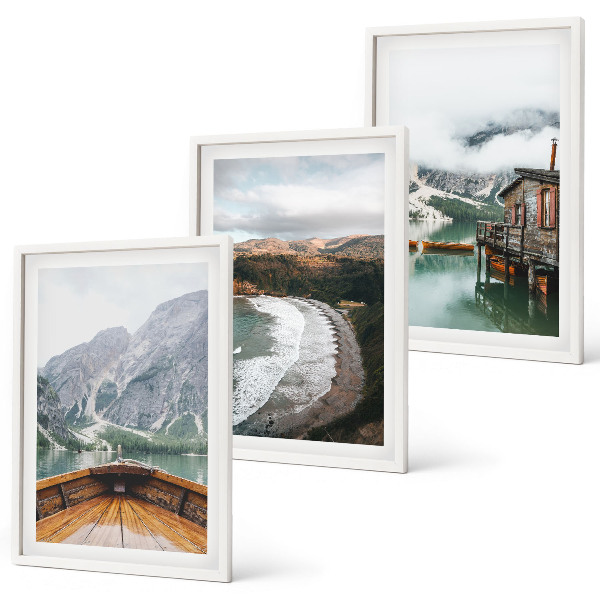 Three-piece wall art piece Mountains, lake, boat, beach, landscape