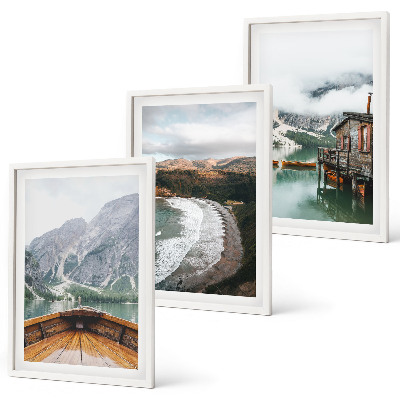 Three-piece wall art piece Mountains, lake, boat, beach, landscape