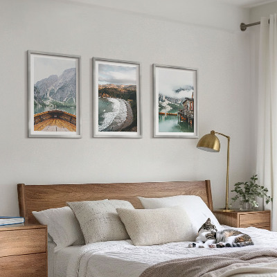 Three-piece wall art piece Mountains, lake, boat, beach, landscape