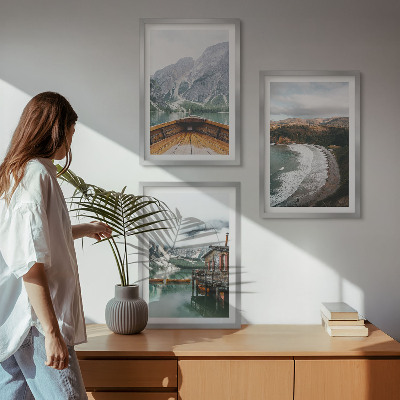 Three-piece wall art piece Mountains, lake, boat, beach, landscape