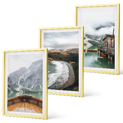 Three-piece wall art piece Mountains, lake, boat, beach, landscape