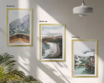 Three-piece mountain and lake landscape wall art featuring a boat on a beach