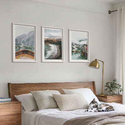 Three-piece wall art piece Mountains, lake, boat, beach, landscape