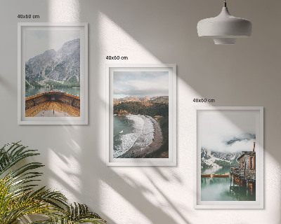 Three-piece wall art piece Mountains, lake, boat, beach, landscape