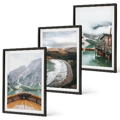Three-piece wall art piece Mountains, lake, boat, beach, landscape