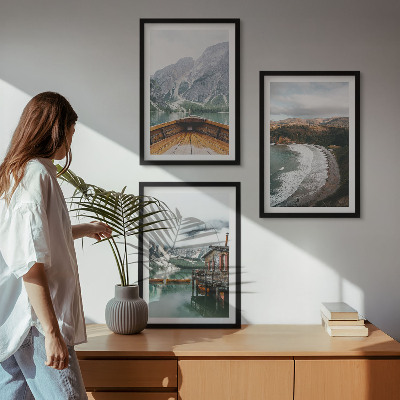 Three-piece wall art piece Mountains, lake, boat, beach, landscape