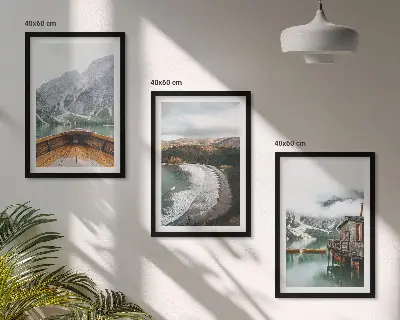 Three-piece mountain and lake landscape wall art featuring a boat on a beach
