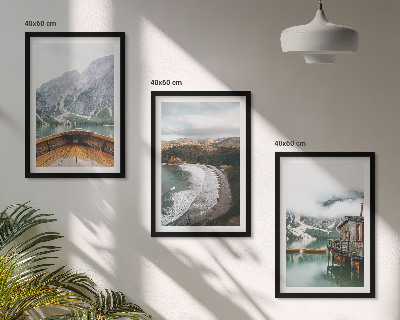 Three-piece wall art piece Mountains, lake, boat, beach, landscape