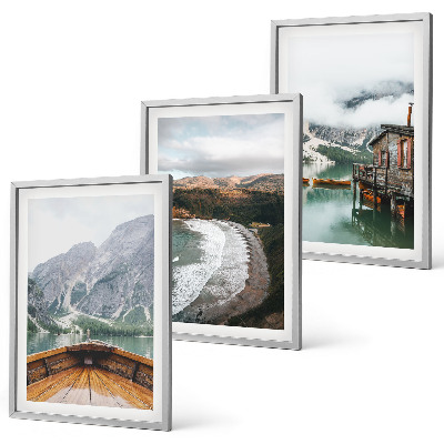 Three-piece wall art piece Mountains, lake, boat, beach, landscape