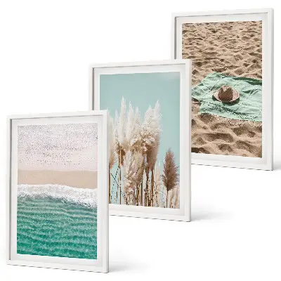 Beach waves and grass hat wall art set of 3 framed pieces