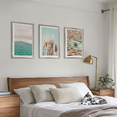 Set of 3 framed wall art pieces Beach waves grass hat