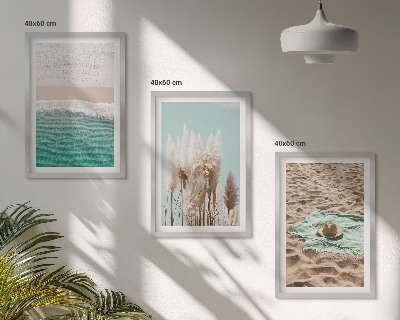 Set of 3 framed wall art pieces Beach waves grass hat