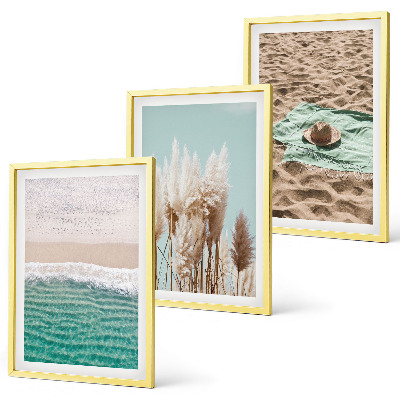 Set of 3 framed wall art pieces Beach waves grass hat