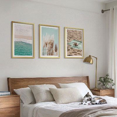 Set of 3 framed wall art pieces Beach waves grass hat