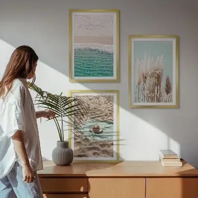 Beach waves and grass hat wall art set of 3 framed pieces
