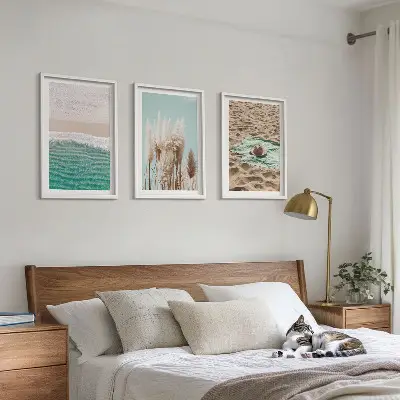 Beach waves and grass hat wall art set of 3 framed pieces