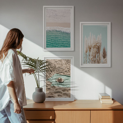 Set of 3 framed wall art pieces Beach waves grass hat