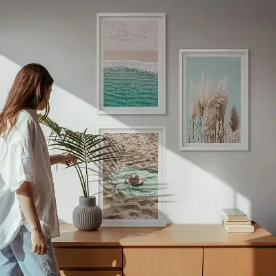 Beach waves and grass hat wall art set of 3 framed pieces