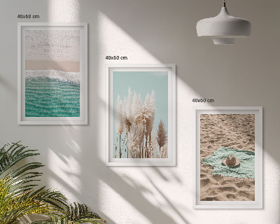 Set of 3 framed wall art pieces Beach waves grass hat