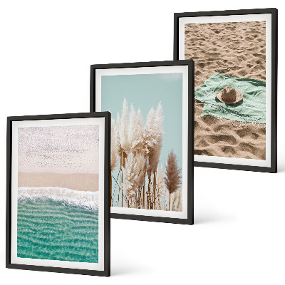 Set of 3 framed wall art pieces Beach waves grass hat