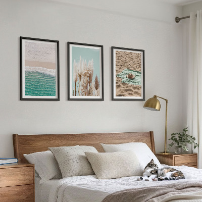 Set of 3 framed wall art pieces Beach waves grass hat