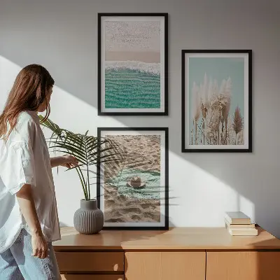 Beach waves and grass hat wall art set of 3 framed pieces