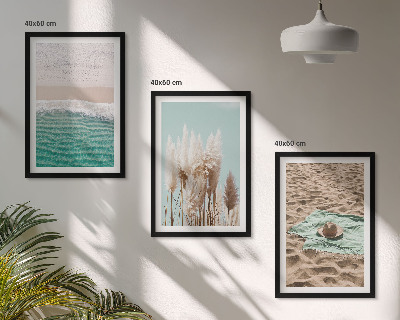 Set of 3 framed wall art pieces Beach waves grass hat