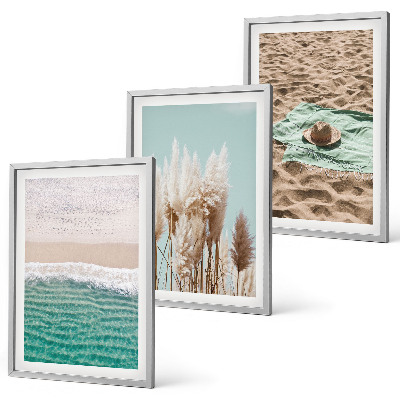Set of 3 framed wall art pieces Beach waves grass hat