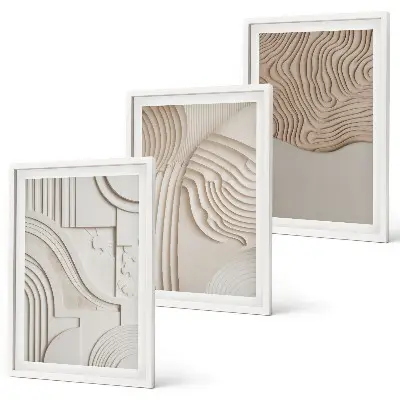 Set of 3 framed wall art pieces abstract patterns in beige and white