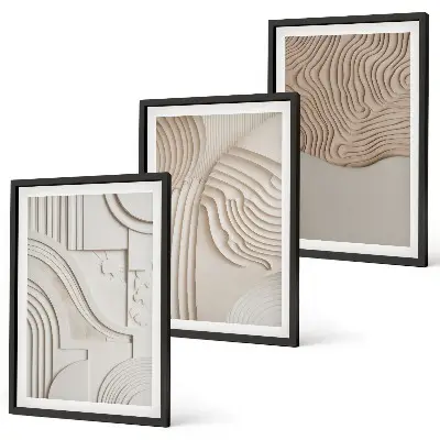 Set of 3 framed wall art pieces abstract patterns in beige and white