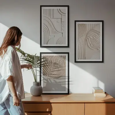 Set of 3 framed wall art pieces abstract patterns in beige and white
