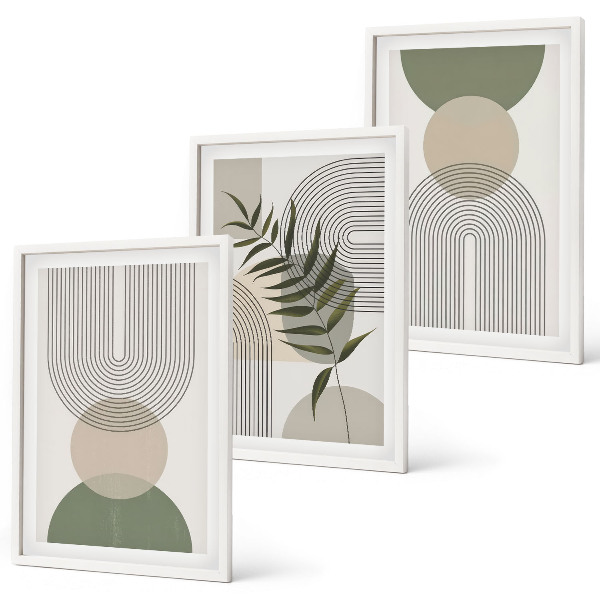 Three-piece wall art piece Abstract shapes with greenery