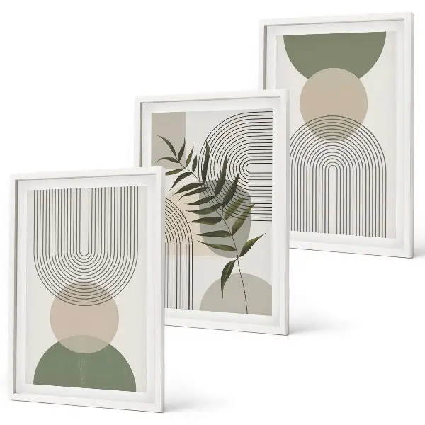 Three-piece abstract greenery wall art with abstract shapes