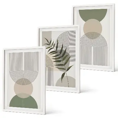 Three-piece abstract greenery wall art with abstract shapes